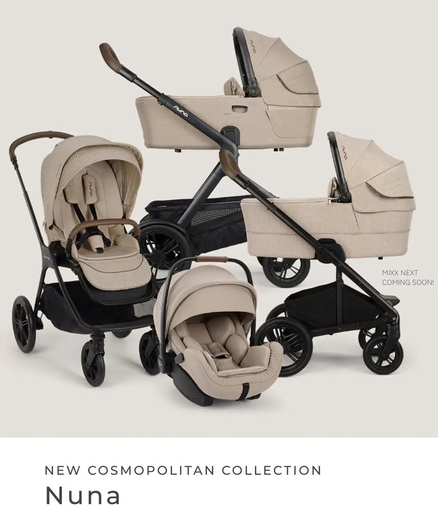 Moderner Kinderwagen mit verschiedenen Aufsätzen (Babywanne, Sportsitz und Babyschale) in beigem Design auf hellem Hintergrund. Text im Bild: „New Cosmopolitan Collection – Nuna“