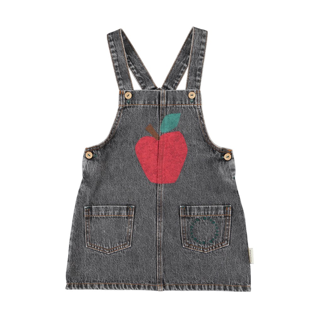 Piupiuchick Kurzes Latzkleid, Washed black denim mit Apple Print