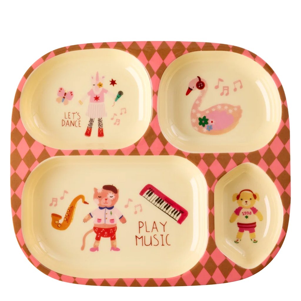 Rice Melamin Kinderteller mit 4er Einteilung Music Band Print, pink
