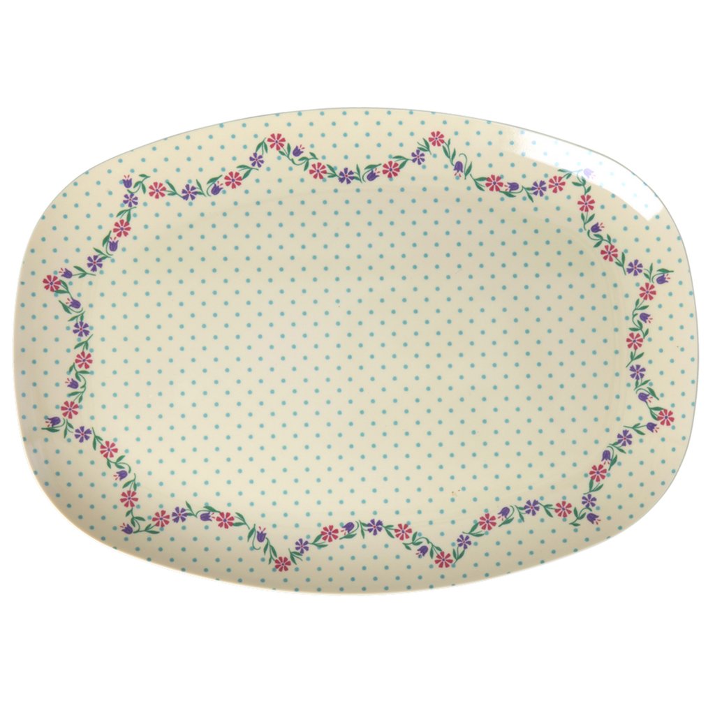 Rice Melamin Großer rechteckiger Teller Dots und Flower Prints, Creme