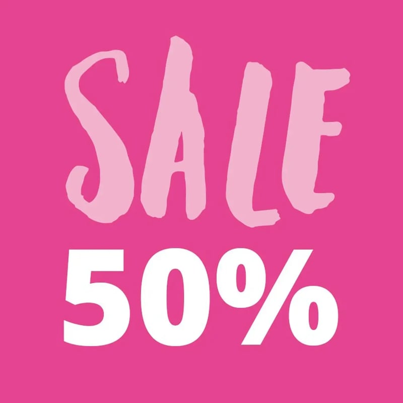 Grafik mit dem Text „SALE 50%“ in Weiß und Hellrosa auf leuchtend pinkem Hintergrund