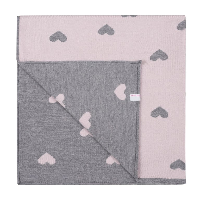 Baby Kochs Herzen-Babydecke aus Merinowolle grau/rosa