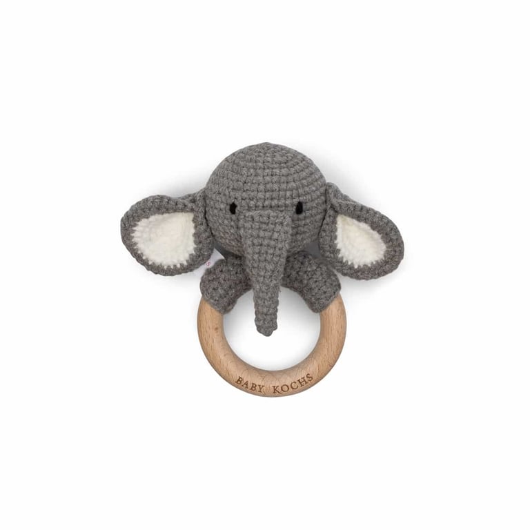 Baby Kochs Exklusiv Beißring mit Rassel Elephant Ella grau