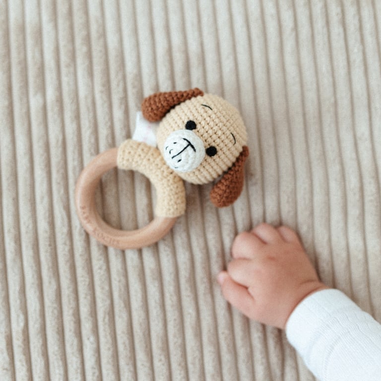 Baby Kochs Exklusiv Beißring mit Rassel Lucky Dog braun