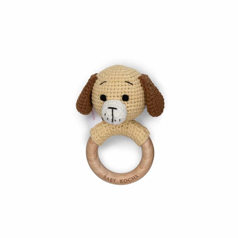 Baby Kochs Exklusiv Beißring mit Rassel Lucky dog braun