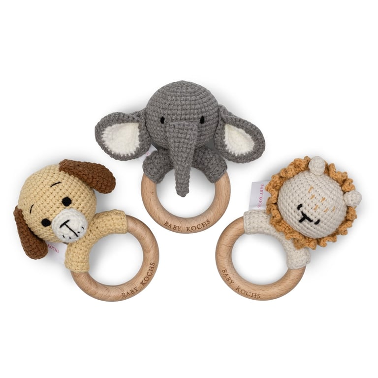 Baby Kochs Exklusiv Beißring mit Rassel Lucky dog braun