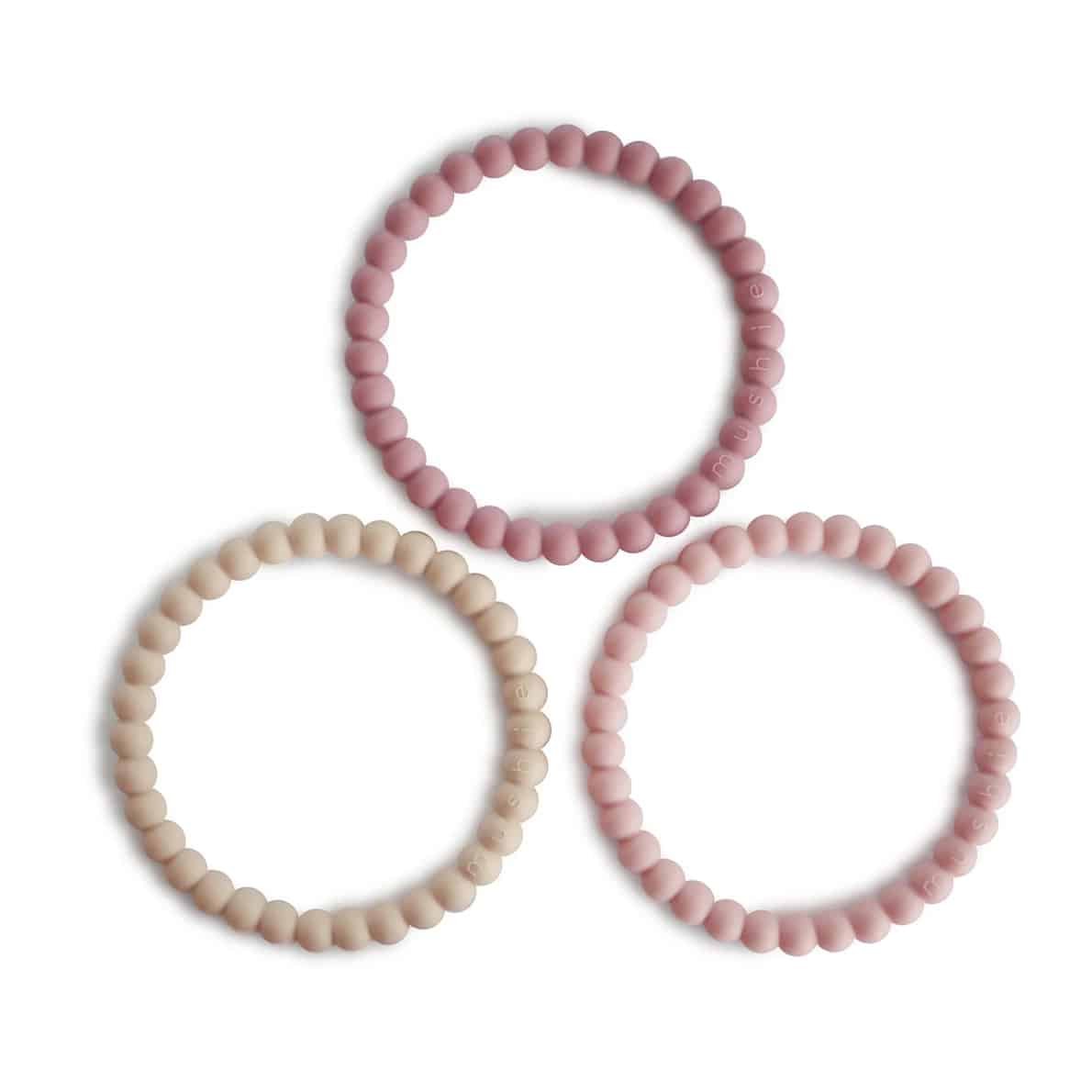 Mushie Pearl Teething Armband Linen/Peony/Pale Pink