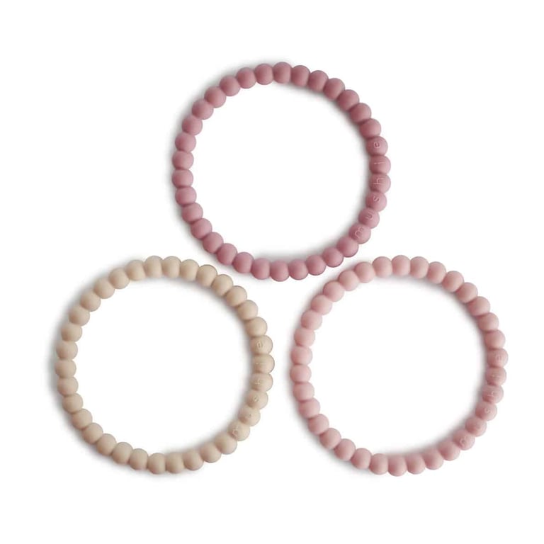 Mushie Pearl Teething Armband Linen/Peony/Pale Pink