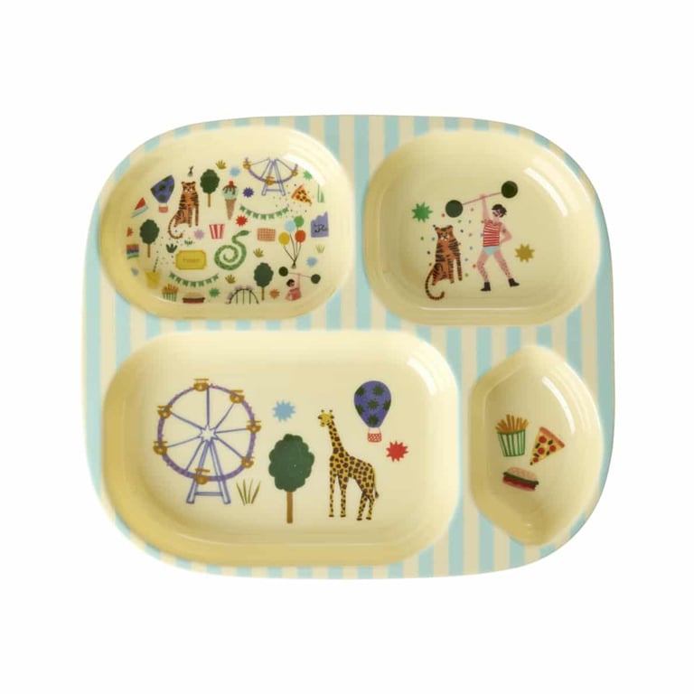 Rice Melamin Kinderteller mit 4er Einteilung Fun Fair Print, mint