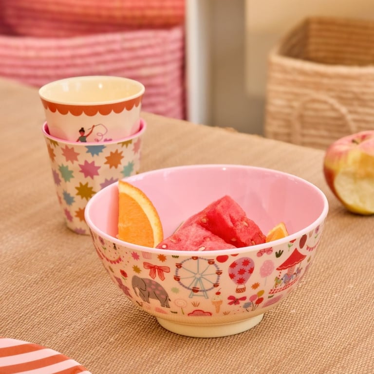 Rice Melamin Mittelgroße Kinderschüssel Fun Fair Print, pink 1