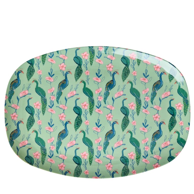 Rice Großer Melamin Teller Rechteckig Peacock Power Print, grün