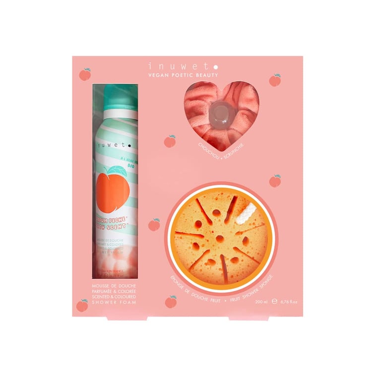 INUWET_ BUBBLE PEACH SET: peach shower foam - fruit sponge - velvet scrunchie