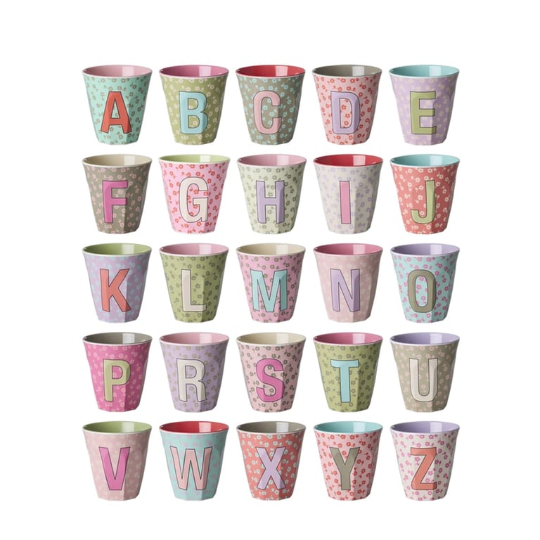 Rice Medium Melamin Becher Alphabet Flowers Pink