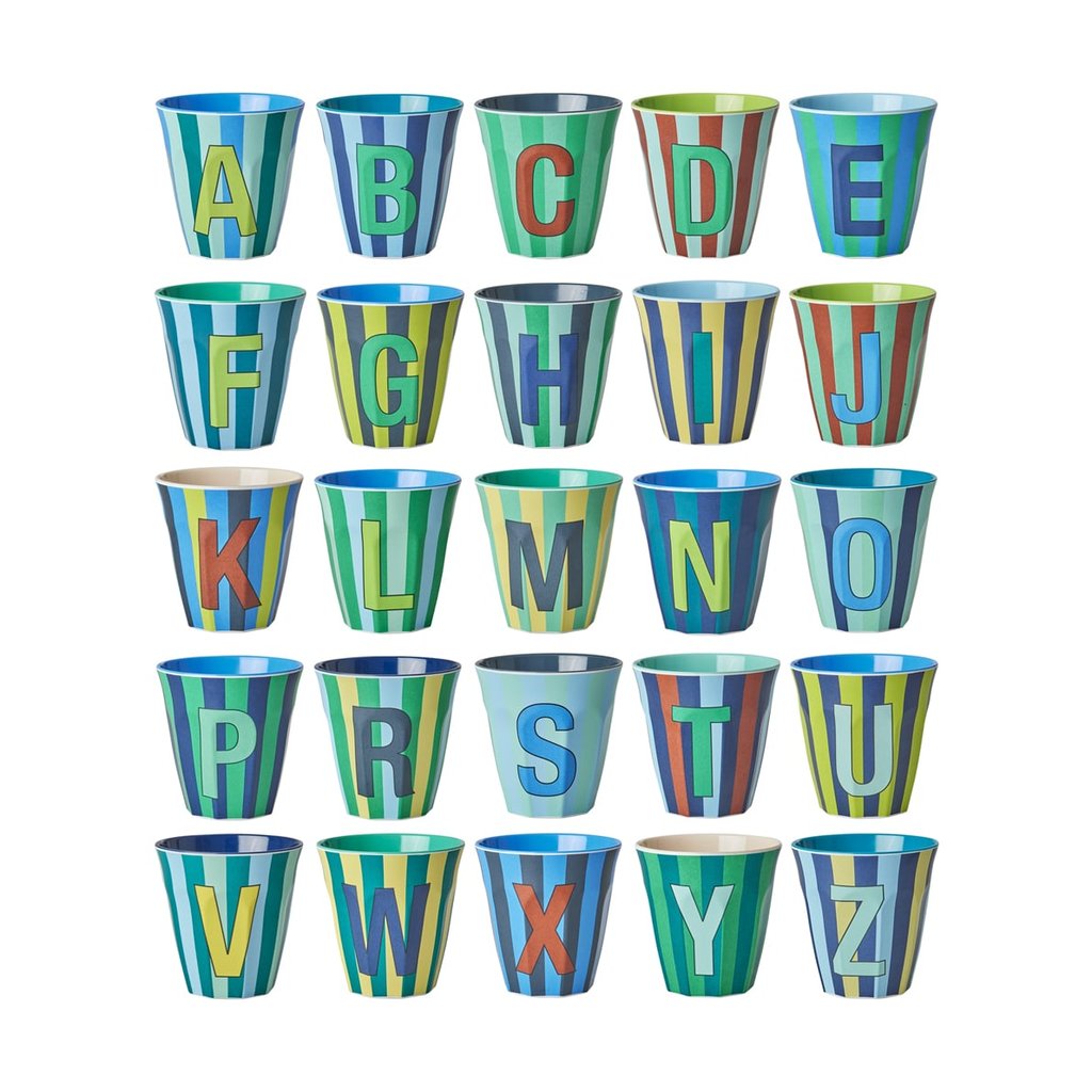 Rice Medium Melamin Becher Alphabet Stripes Blau