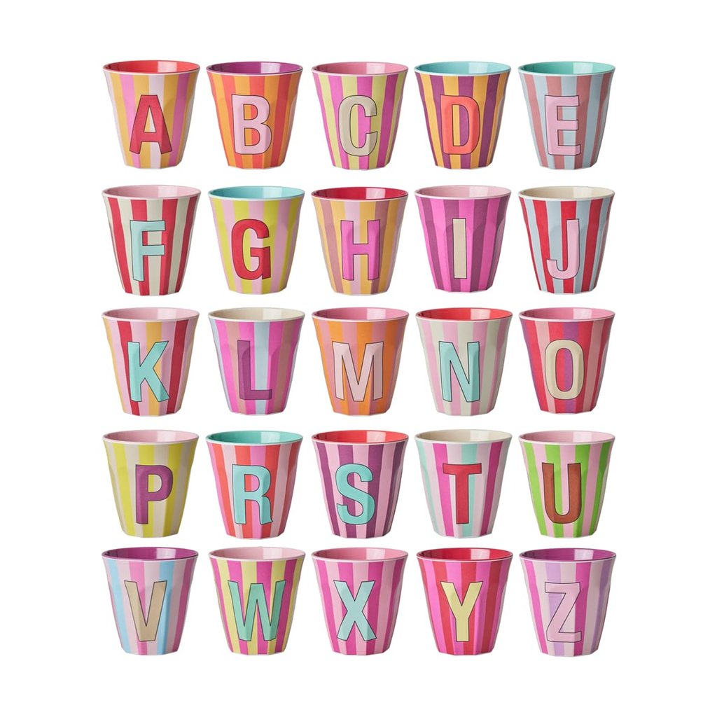 Rice Medium Melamin Becher Alphabet Stripes Pink