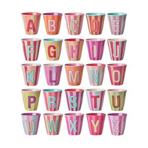 Rice Medium Melamin Becher Alphabet Stripes Pink