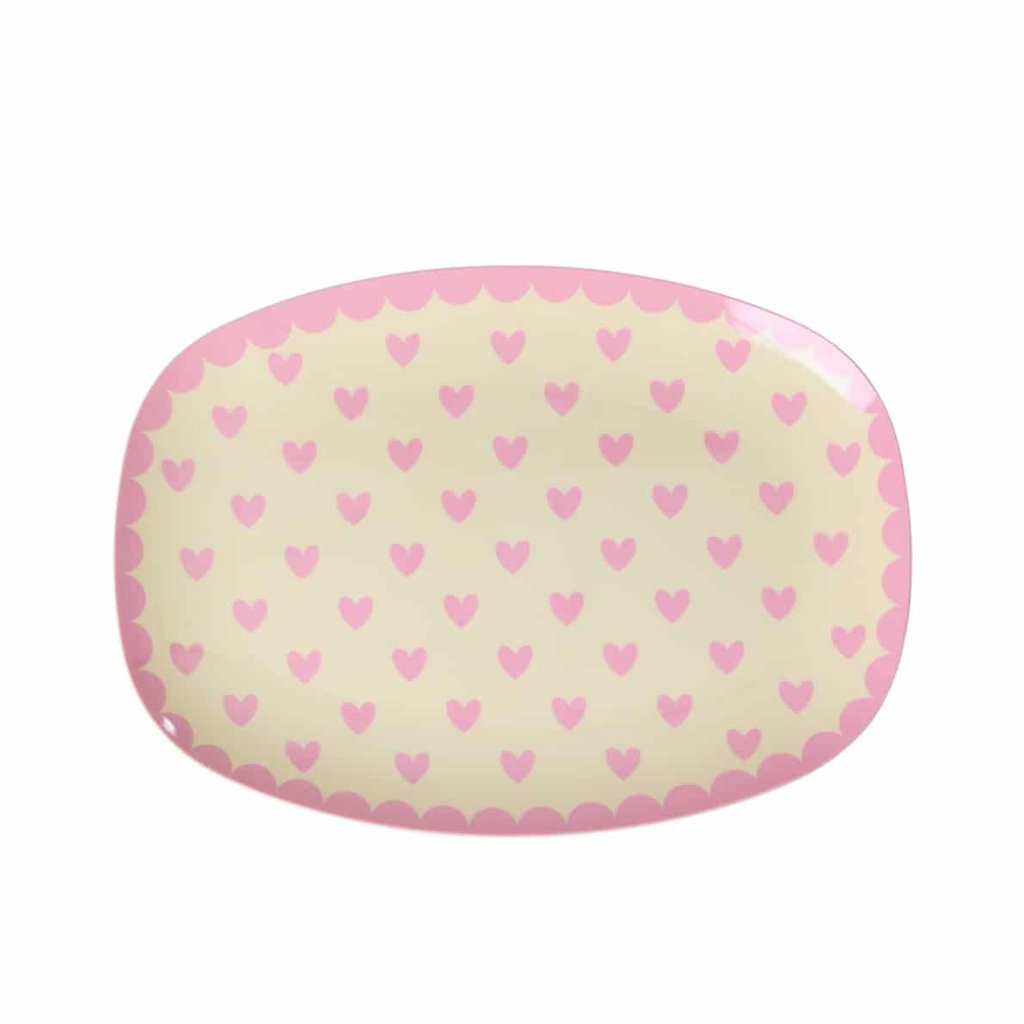 Rice Kleiner rechteckiger Beilagenteller Favorite Hearts Print, rosa