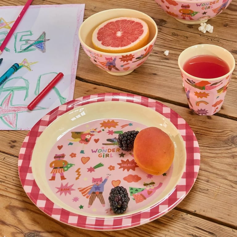 Rice Melamin Lunch Kinderteller Hero Print, pink 1
