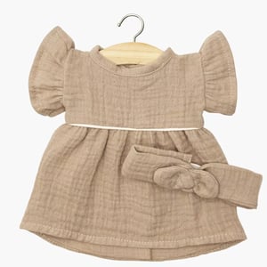 Minikane Puppenbekleidung Kleid Daisy und Haarband mit runder Schleife aus mokkafarbener Baumwollgaze