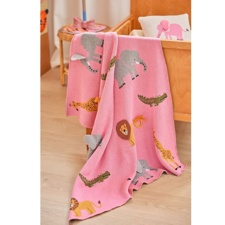 Rice Kleine Baumwolle Babydecke mit Animals Print, pink 1