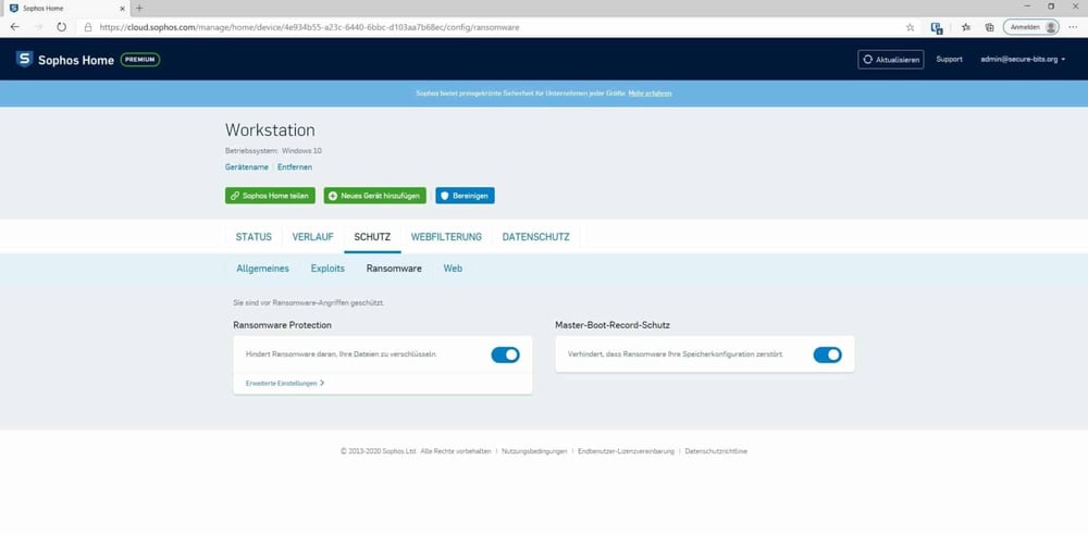 Sophos Home Premium Dashboard Ramsomware