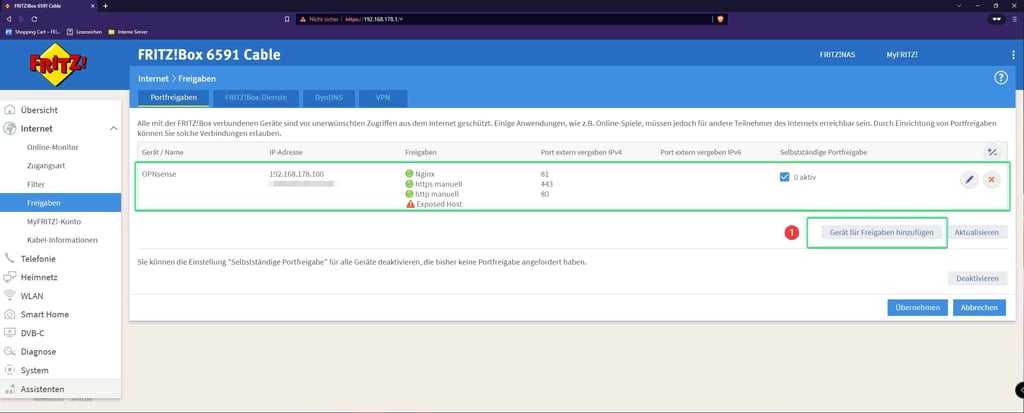 FritzBox Übersicht Portfreigaben