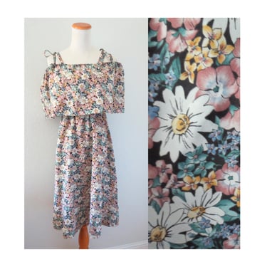 Vintage 70s Floral Dress - Women's Off the Shoulder Summer Midi - Size Small 