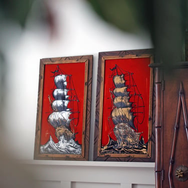 Vintage Mexican Velvet Ship Wall Art – Hand-Painted Nautical Relief on Red Velvet, Signed Framed Maritime Art, One-of-a-Kind Statement Pair 