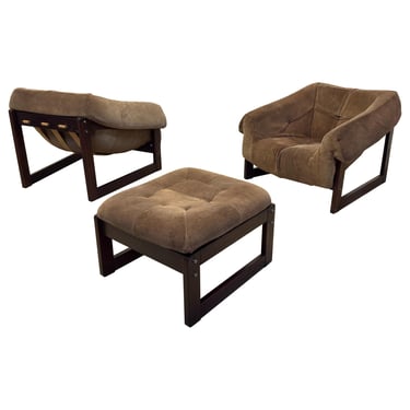 Percival Lafer Pair of Mp-79 Brown Suede Leather Lounge Chairs With Ottoman