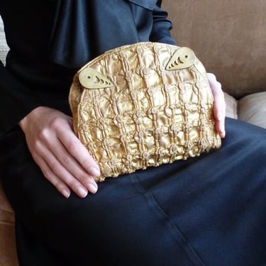 1920s Art Deco Gold Leather Clutch: Vintage Evening Purse 