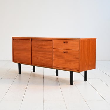 Vintage Scandinavian Teak Sideboard with Tambour Doors, 1960s Mid Century Modern Sideboard with Drawers and Metal Legs 