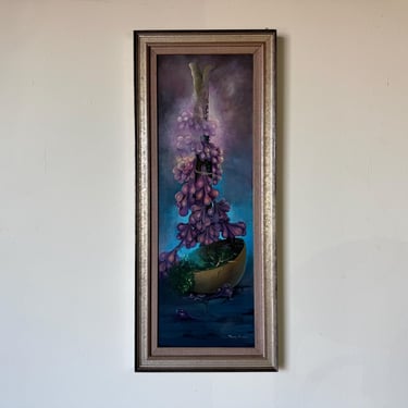 1980's Vintage Surreal Still Life of Fruit and Bowl Oil Painting by Mardy Florence 