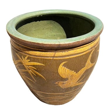 19th Century Large Bird & Bamboo Art Pottery Chinese Egg Pot Jardinière Planter 