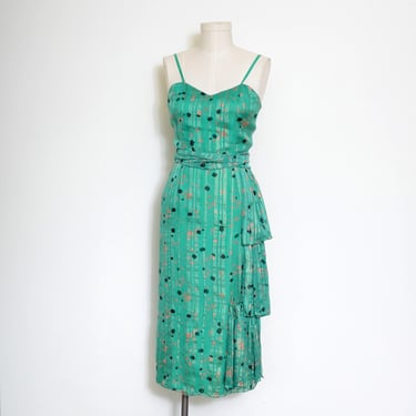 vintage 80s patterned green silk sheath dress / sweetheart neckline spaghetti straps side ruffles / XS 