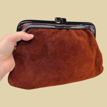 Vintage Suede Clutch Retro 1970s MOD + Strawbridge & Clothier + Rusty Brown Color + Brown Lucite Trim + Handheld Purse + Womans Evening Bag 