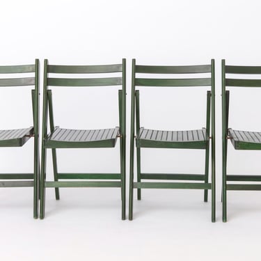 Set of 4 Vintage Green Folding Chairs, German Beech Wood Chairs, 1960s–1970s, Mid-Century Modern Seating 