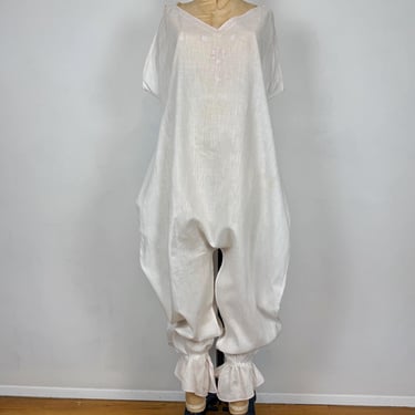 Vintage Edwardian Combination Suit | White Embroidered Cotton Pajama | 1910s Jumpsuit Romper Sleepwear 