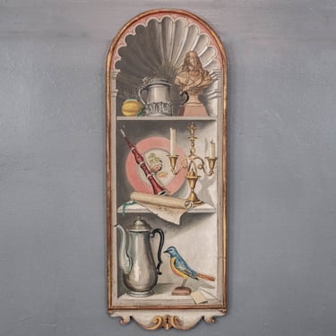 1920's Italian Hand Painted Trompe L'Oeil Panel Featuring Stylized & Dressed Shelves w/ Various Motifs Including a Blue Bird w/ Yellow Underbelly