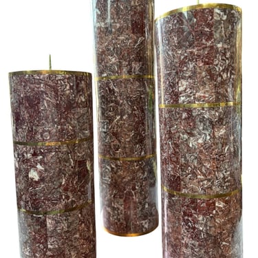 3 Maitland-Smith Tessellated Rosso Levanto Marble & Brass Candle Columns, 1980