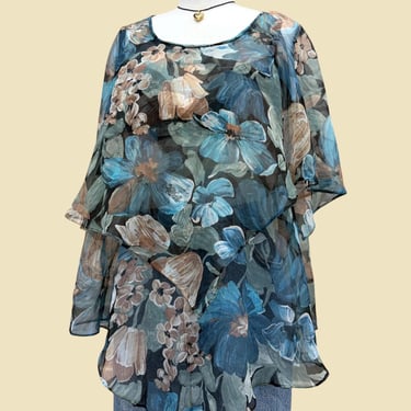 Vintage Chiffon Layered Blouse 1990s Retro Womens + No Size Tag + Blue/Black/Brown + Floral Pattern + Tank + See-Through Top 
