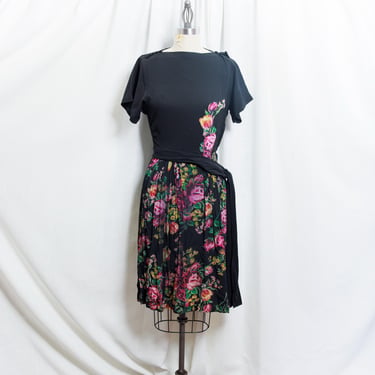 40s Black Floral Wrap Rayon Dress Vintage 1940s Rose Print Painterly Tie Waist Pleated Dress 