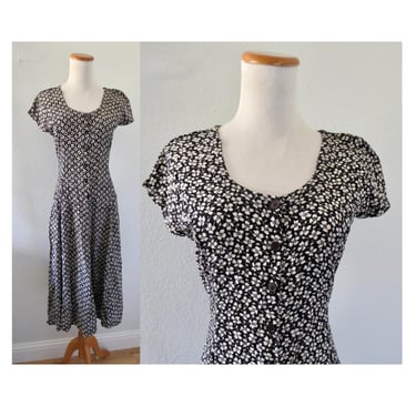 Vintage 90s Floral Dress - Black & White Flower Print Button Up Midi - Size Small Medium 