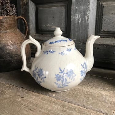 19th C French St Uze Teapot, Faïence, Indigo Blue Floral Pottery, French Farmhouse Cuisine, Damages, Heavy Crazing, Tea Staining 