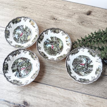4 Johnson Bros The Friendly Village Brown Ceramic Berry Dessert Bowls/The Stone Wall/England/French Country Cottage Farmhouse Boho 