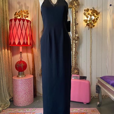 vintage 1990s black crepe beaded gown, 90s maxi dress, halter neck formal, med 