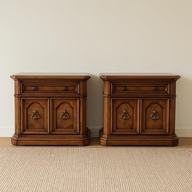 Pair Vintage Mediterranean Walnut Nightstands Brass Hardware Italian Provincial End Tables Burled Wood Bedside Cabinets CUSTOM PAINT Avail 