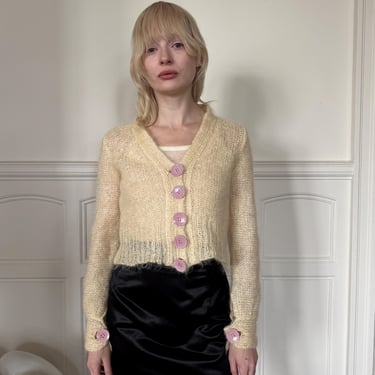 1970s Krizia cream mohair cardigan, cropped length, big striped buttons / small - medium 