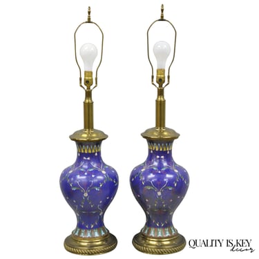 Vintage Chinoiserie Blue Enamel Chinese Brass Jardinierie Table Lamps - a Pair