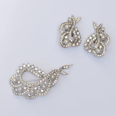 Vintage Polcini BROOCH & EARRING Set / Clear Rhinestone Pearl Silver Signed Demi Parure 