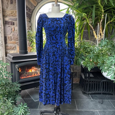Vintage 1980s Black and Blue Swirl Print Cotton Velveteen Dress Laura Ashley 